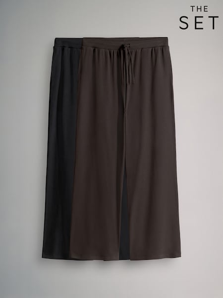 The Set Black/Chocolate Brown 2 Pack Ribbed Jersey Wide Leg Trousers (F77580) | €33