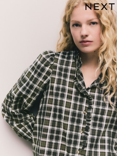 Green/Blue Check Ruffle Neck Long Sleeve Blouse (F77655) | 171 QAR