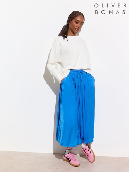 Oliver Bonas Blue Pleated Hammered Satin Midi Skirt (F77664) | ₪327