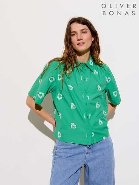 Oliver Bonas Green Heart Embroidered 100% Cotton Shirt (F77685) | ₪302