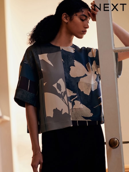 Sage Abstract Floral Print Satin Short Sleeve Boxy T-Shirt (F77722) | OMR12