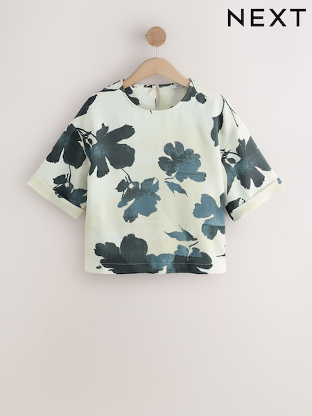 Teal/Ecru Floral Print Satin Short Sleeve Boxy T-Shirt (F77723) | OMR12
