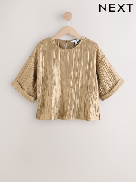 Gold Metallic Crinkled Short Sleeve Top (F77724) | 108 QAR