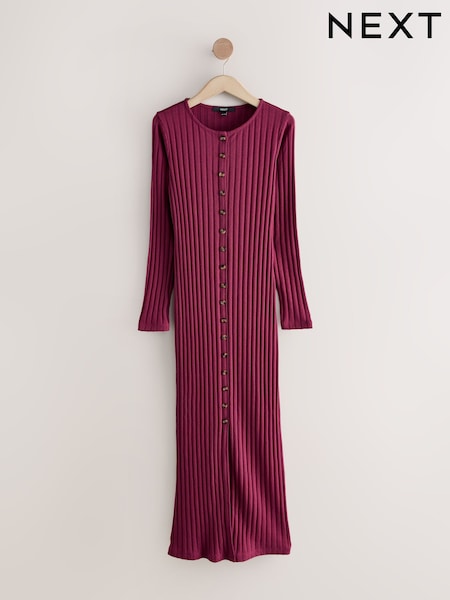 Burgundy Red Ribbed Long Sleeve Button Down Midi Dress (F77841) | 175 QAR