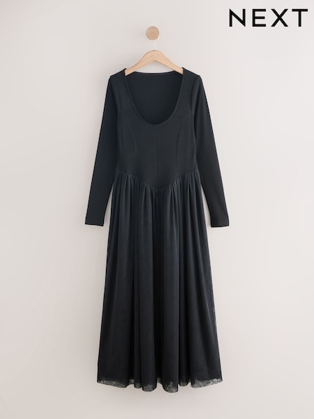 Black Tulle Jersey Mix Midi Dress (F77844) | €73