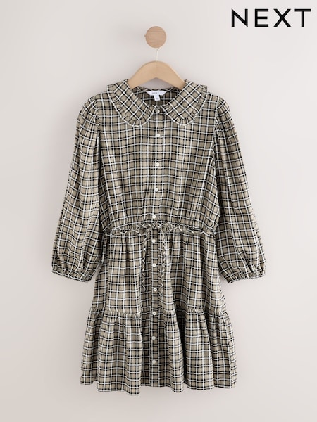 Khaki Green Check Collar Tie Waist Mini Shirt Dress (F77863) | AED151
