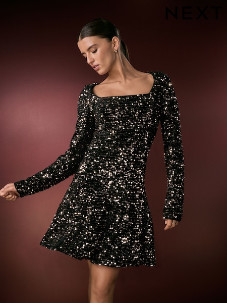 Black/Gold Square Neck Flippy Mini Sequin Dress (F77866) | R$ 330