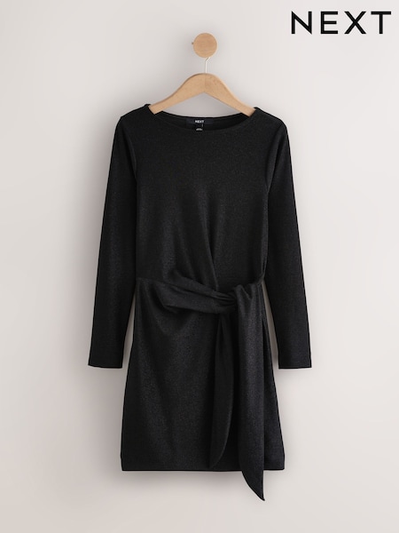 Silver/Black Mini Tie Waist Sparkle Long Sleeve Dress (F77871) | R$ 340