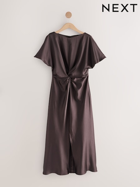 Chocolate Brown Textured Satin Short Sleeve Midi Dress (F77873) | €49
