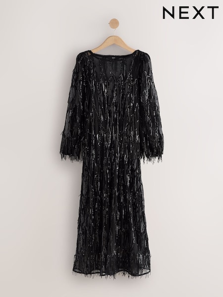 Black Occasion Long Sleeve Sequin Tassle Maxi Dress (F77877) | €101
