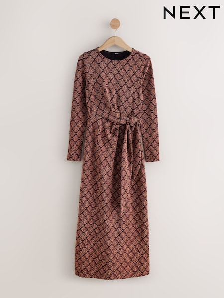 Bronze Tie Waist Sparkle Long Sleeve Midi Dress (F77879) | R$ 385