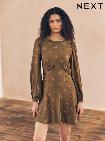Brown Horse Print Mini Long Sleeve A-Line Seam Detail Dress (F77885) | €33.50