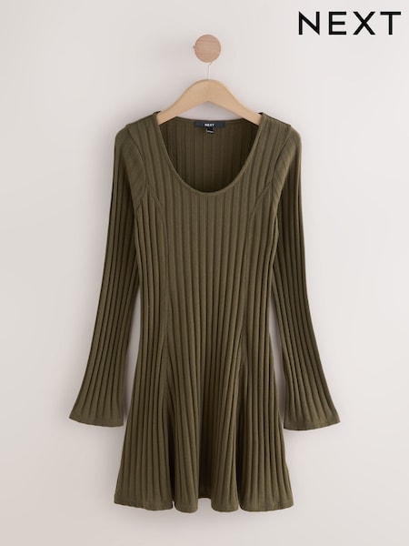 Khaki Green Mini Ribbed Long Sleeve Scoop Neck Dress (F77888) | 153 QAR