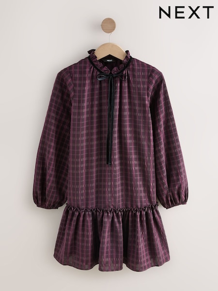 Burgundy Check Mini Tie Front Tiered Long Sleeve Dress (F77898) | €43