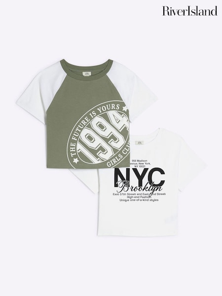 River Island Green Girls Crop 100% Cotton T-Shirts 2 Pack (F78043) | €23