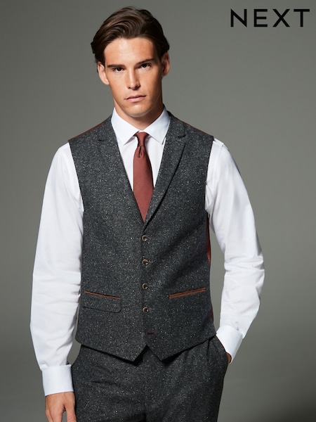 Charcoal Grey Regular Fit Wool Blend Trimmed Suit Waistcoat (F78053) | AED258