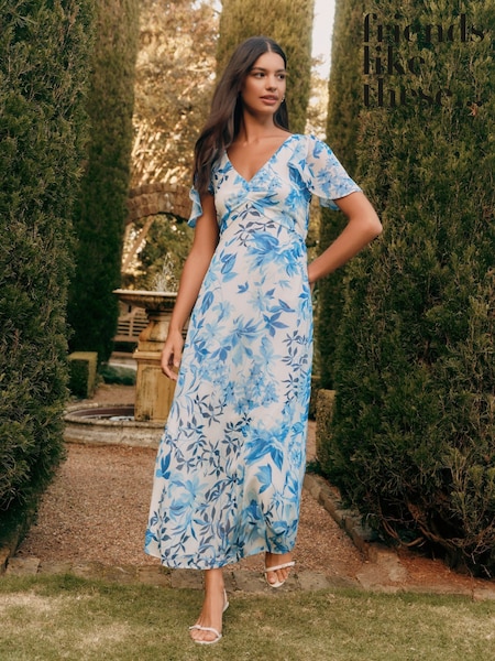 Friends Like These Blue Chiffon V-Neck Angel Sleeve Midi Dress (F78113) | €99