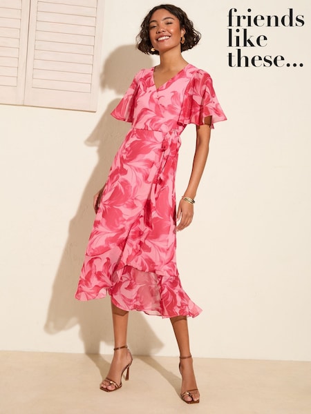 Friends Like These Pink Floral Chiffon Mix Flutter Sleeve Wrap Dress (F78115) | R$ 640