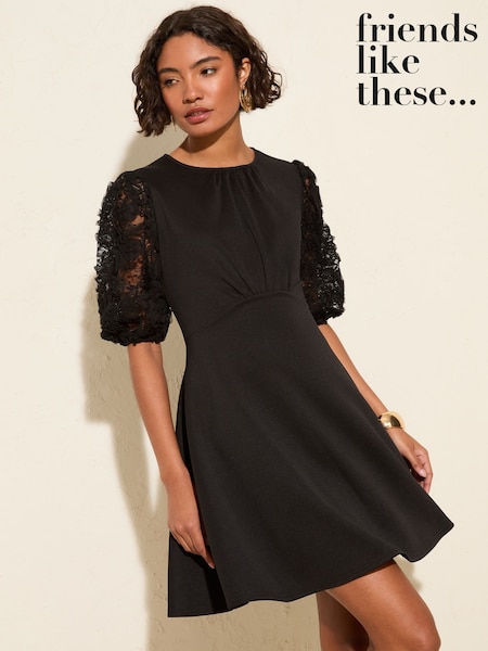 Friends Like These Black Floral Print 3D Lace Sleeve Scuba Mini Dress (F78123) | €58