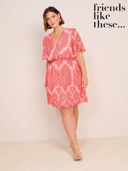 Friends Like These Red Pink Geo Curve Chiffon Ruche Waist Mini Dress (F78124) | OMR25