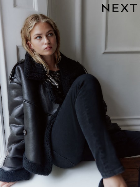 Black Faux Shearling Cropped Aviator Jacket (F78142) | €83