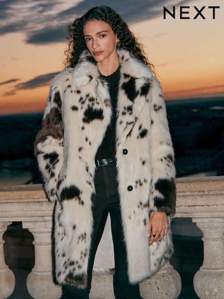 Cream Cow Print Faux Fur Coat (F78160) | €95