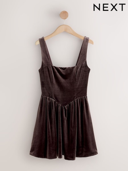 Chocolate Brown Velvet Square Neck Waisted Mini Dress (F78239) | €41