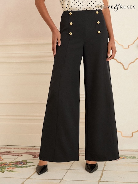 Love & Roses Black/Gold Button Crop Wide Leg Trousers (F78244) | AED233