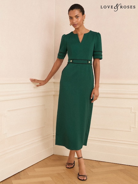 Love & Roses Crepe Contrast Trim V-Neck Column Midi Dress (F78261) | R$ 555