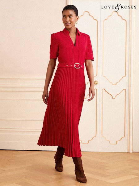Love & Roses Scarlet Red Crepe Belted Trim Collared Midi Dress (F78274) | 3,845 UAH