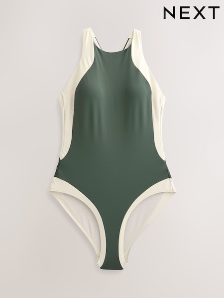 Kaki/Crem - Costum de baie cu efect modelator prins după gât și efect modelator asupra abdomenului (F78288) | 230 LEI