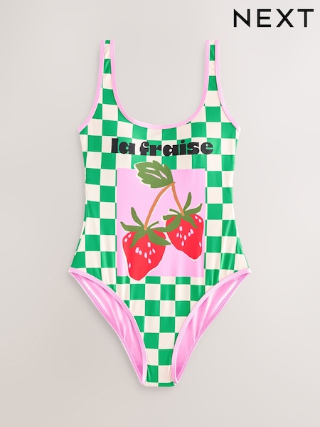 Green/White Strawberry Checkerboard Tummy Control Scoop Neck Swimsuit (F78299) | €57