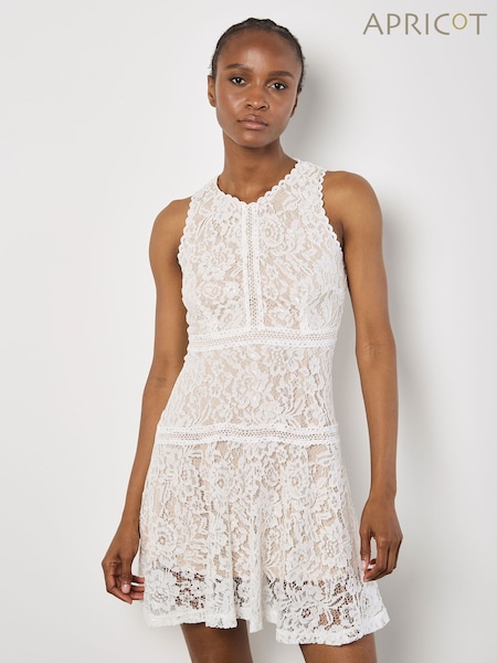 Apricot White High Neck Lace Skater Dress (F78311) | €59