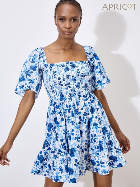 Apricot White Smocked Floral Print Cotton Poplin Dress (F78322) | €51