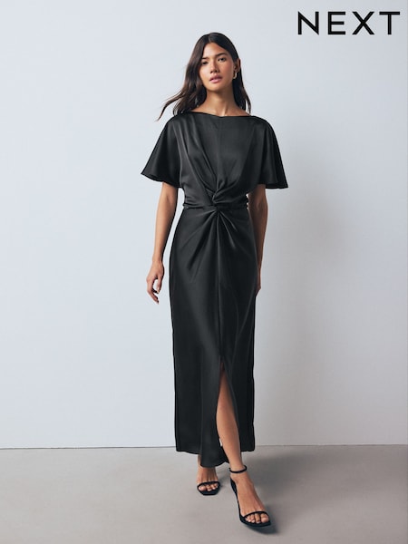 črna - Textured Satin Short Sleeve Midi Dress (F78342) | € 50
