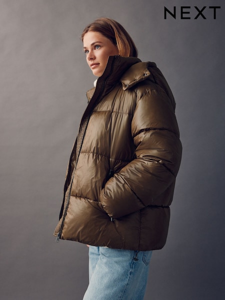 Olive Green High Shine Padded Coat (F78400) | €77