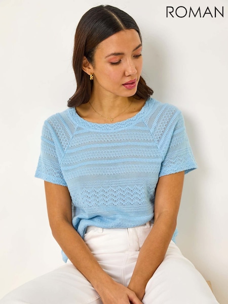 Roman Blue Crochet Knit Top (F78414) | ₪201