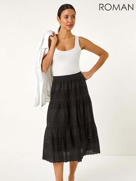 Roman Black 100% Cotton Broderie Cotton A-Line Midi Skirt (F78417) | €55