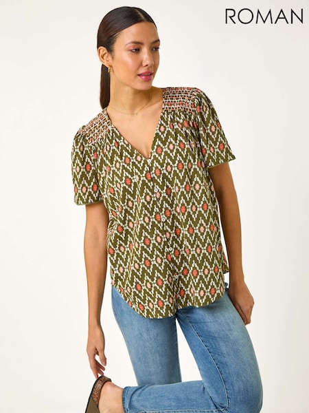Roman Green Printed Shirred Shoulder Top (F78418) | R$ 435