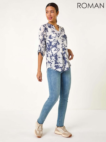Roman Blue Floral Print Burnout V-Neck Shirt (F78422) | ₪264