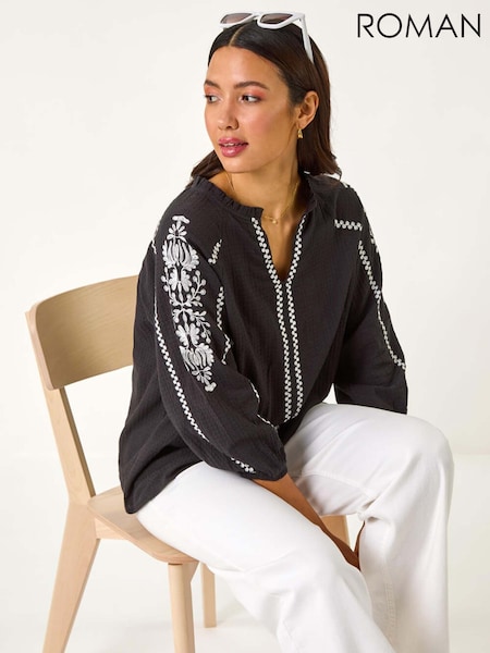 Roman Black Embroidered Sleeve V-Neck 100% Cotton Top (F78423) | ₪264