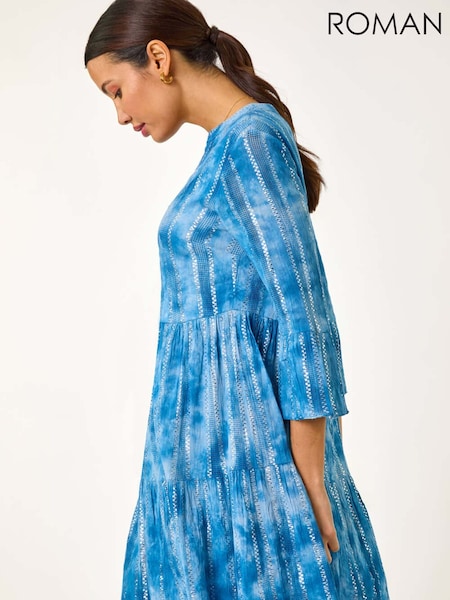 כחול  - Roman Tie Dye Print Shimmer Smock Dress (F78427) | ‏302‏₪
