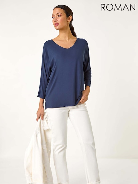 Albastru - Top elastic cu decolteu în V cu nervuri Roman (F78430) | 238 LEI