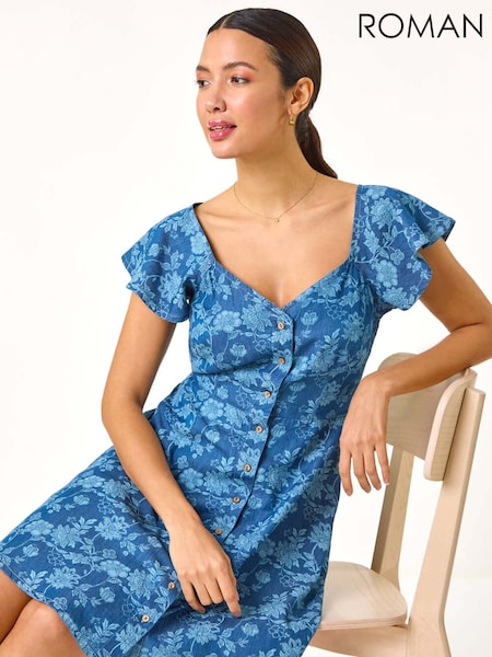 Roman Blue 100% Cotton Denim Print Buttoned Mini Dress (F78440) | €60