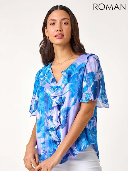 Roman Blue Floral Print Ruffle Top (F78443) | €53