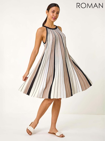 Roman Natural Halter Neck Striped Knit Dress (F78452) | ₪283