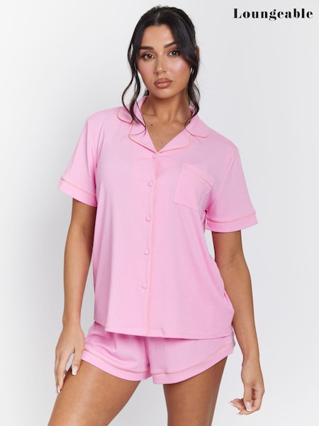 Pink/Coral - Loungeable Rib Short Sleeve Traditional Shirt and Shorts (F78548) | R$ 275