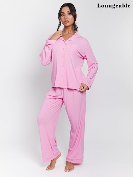 Loungeable Pink/Coral Trim Rib Long Sleeve Traditional Shirt and Long Pyjamas (F78553) | €45