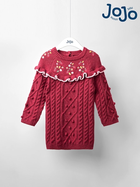 JoJo Maman Bébé Red Embroidered Cable Frill Knitted Dress (F78607) | AED218