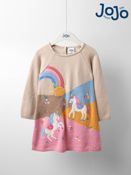 JoJo Maman Bébé Natural Unicorn scene Knitted Dress (F78614) | €48 - €57